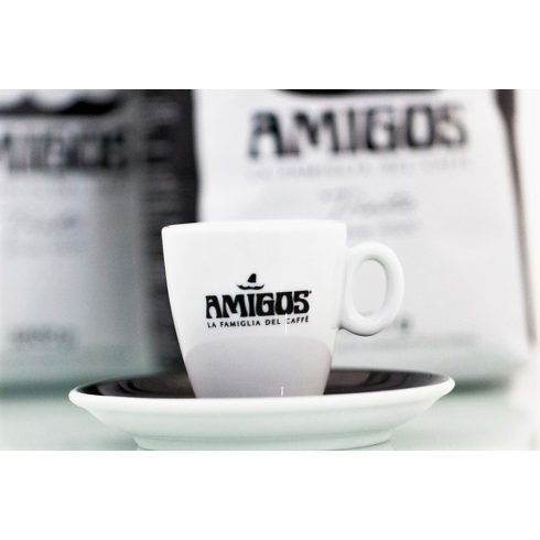 AMIGOS espresso csésze fekete logóval és fekete csészealjjal