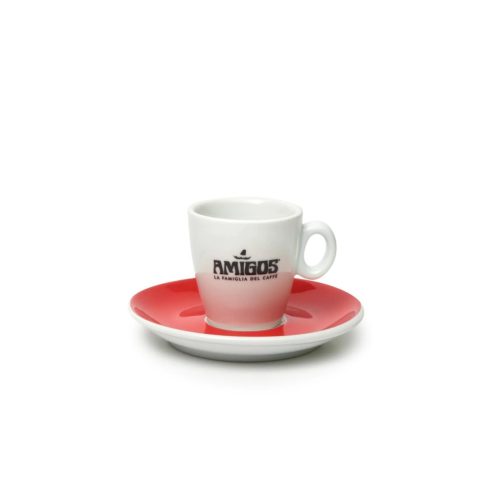 AMIGOS espresso csésze fekete logóval és piros csészealjjal 