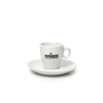   AMIGOS espresso csésze fekete logóval és fehér csészealjjal 