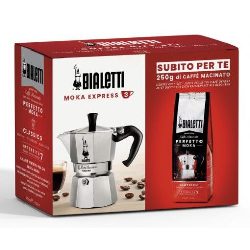 BIALETTI Moka Express 3 csészés kotyogós kávéfőző + Perfetto Classic kávé őrölt 250g