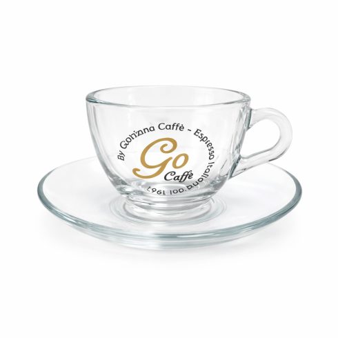 GO espresso üveg csésze arany-fekete logóval és alj 